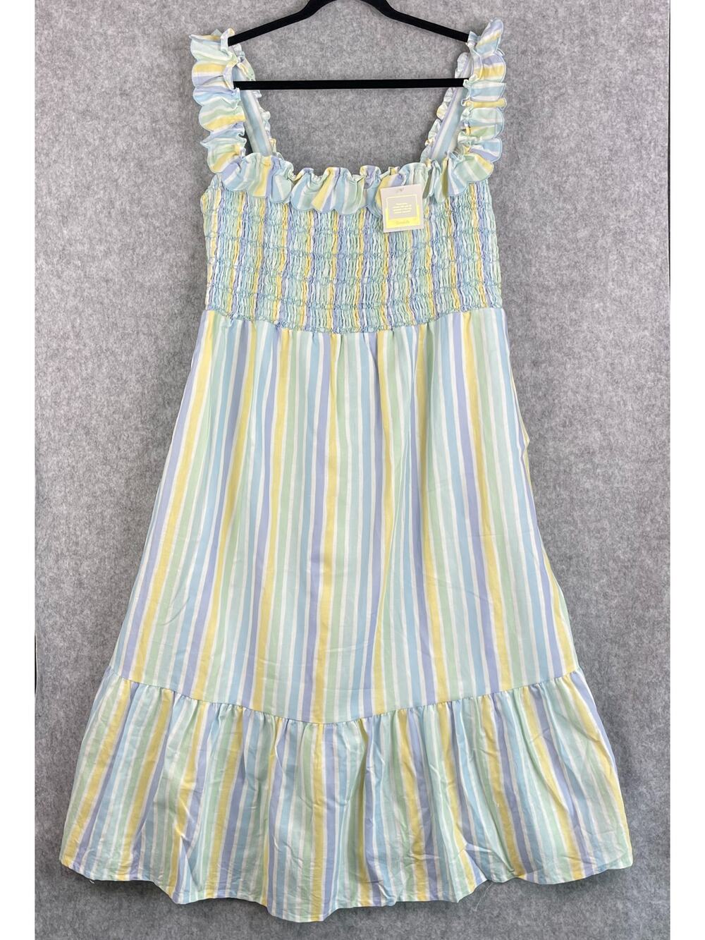 Dondolo Sam Midi Dress Womens XXL Striped Linen Cotton Smocked Coastal Boho NWT‎